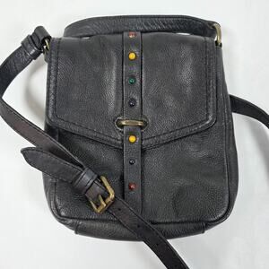 Frye Alessi Black Pebbled Leather Studded Flap Crossbody Bag